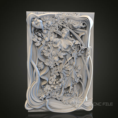 Garden of the Nymphs - Classical Figure and Flora 3D CNC Engraved Wood Panel, Artcam Aspire STL Model for CNC Router, Mythical Wall Art