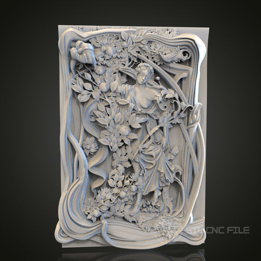Garden of the Nymphs - Classical Figure and Flora 3D CNC Engraved Wood Panel, Artcam Aspire STL Model for CNC Router, Mythical Wall Art
