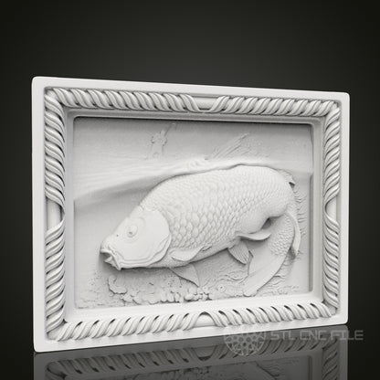 Aquatic Elegance - Carp Fish 3D CNC Engraved Wood Panel, Artcam Aspire STL Model for CNC Router, Nautical Wall Art