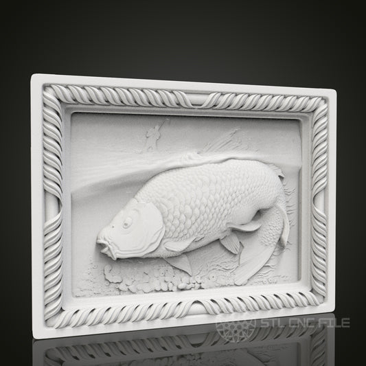 Aquatic Elegance - Carp Fish 3D CNC Engraved Wood Panel, Artcam Aspire STL Model for CNC Router, Nautical Wall Art