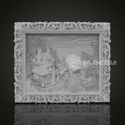 Village Landscape Relief STL File, Detailed CNC Carving Design, Ornate Frame for Artcam, Aspire
