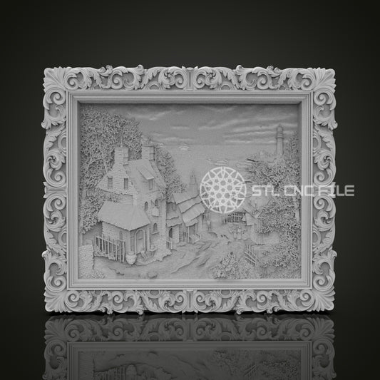 Village Landscape Relief STL File, Detailed CNC Carving Design, Ornate Frame for Artcam, Aspire