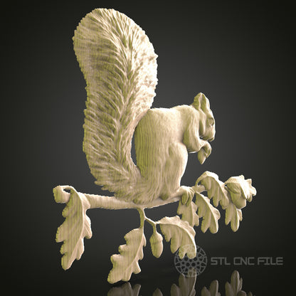 Squirrel on Oak Branch 3D Model STL File, Forest Creature for CNC Router – Compatible with Artcam, Aspire