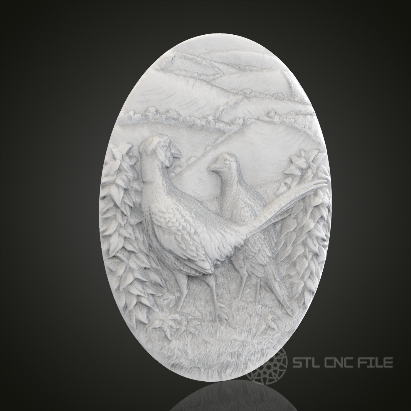 Pheasant Pair Oval 3D Relief Art for CNC Router, Artcam, Aspire, Wall Decor, STL Model, Compatible with 3D Printers  Description: