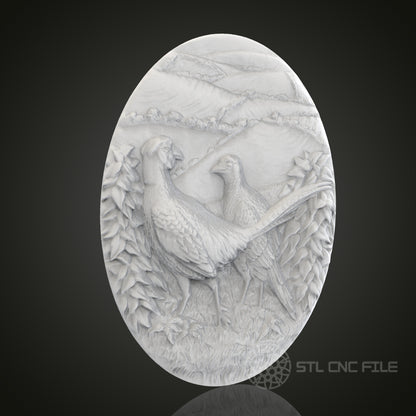 Pheasant Pair Oval 3D Relief Art for CNC Router, Artcam, Aspire, Wall Decor, STL Model, Compatible with 3D Printers  Description: