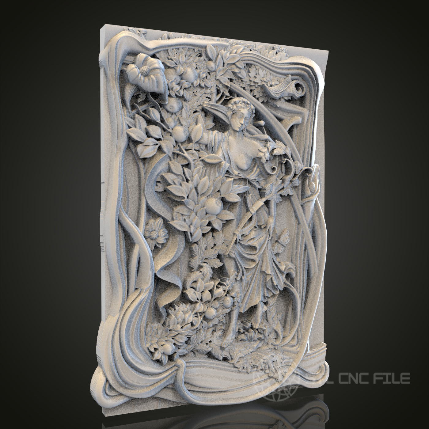 Garden of the Nymphs - Classical Figure and Flora 3D CNC Engraved Wood Panel, Artcam Aspire STL Model for CNC Router, Mythical Wall Art