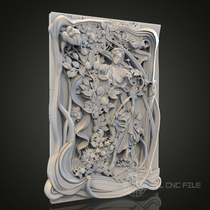 Garden of the Nymphs - Classical Figure and Flora 3D CNC Engraved Wood Panel, Artcam Aspire STL Model for CNC Router, Mythical Wall Art