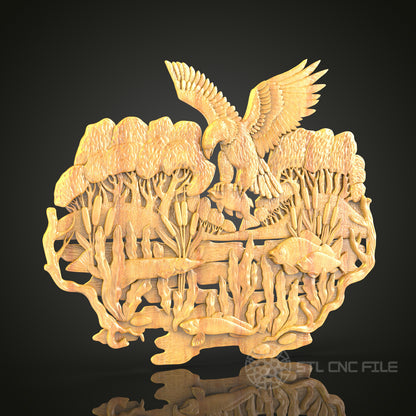 Wildlife Scene STL Model for CNC Router - Eagle & Forest Animals, Artcam, Aspire Compatible, Nature Wall Art