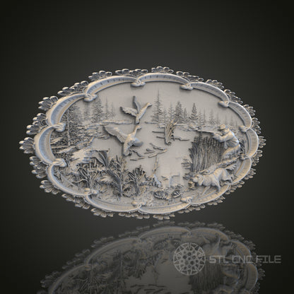 Exquisite Hunting Scene Oval Plaque STL Model for CNC Router Engraver, Artcam, Aspire, Wood Art Wall Decor