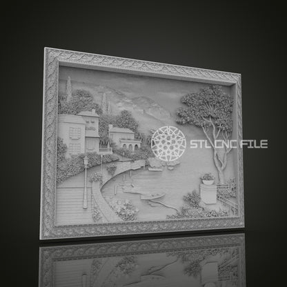 Mediterranean Village Relief STL File, Scenic CNC Carving Design with Ornate Frame for Artcam, Aspire