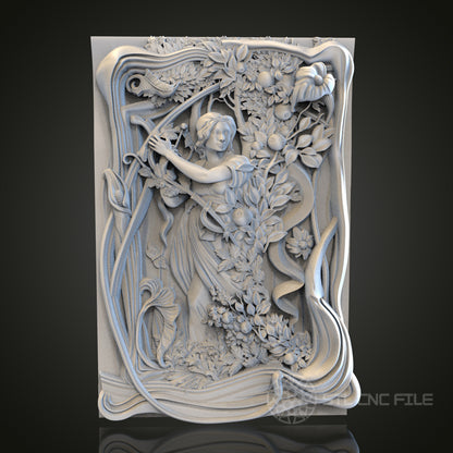 Nature's Muse - Classical Woman and Flora 3D CNC Engraved Wood Panel, Artcam Aspire STL Model for CNC Router, Elegant Wall Art
