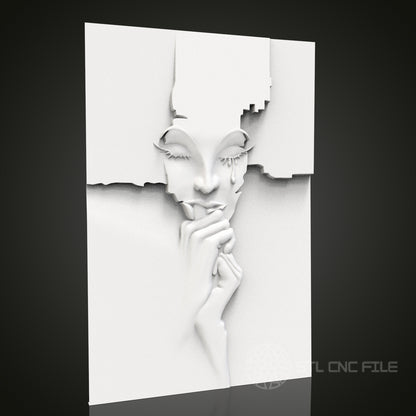 Abstract Crying Face - 3D CNC Engraved Wood Panel, Artcam Aspire STL Model for CNC Router, Emotional Wall Art