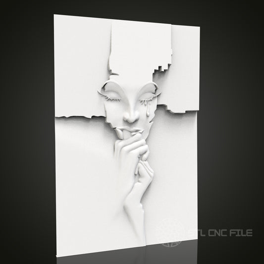 Abstract Crying Face - 3D CNC Engraved Wood Panel, Artcam Aspire STL Model for CNC Router, Emotional Wall Art