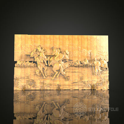 Classical Hunting Scene Relief STL Model for CNC Router - Artcam, Aspire Compatible, Detailed Wood Carving