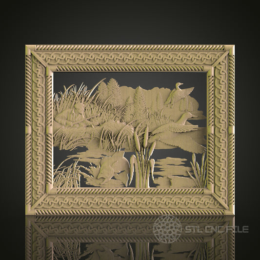 Wetlands Scene with Birds 3D Model STL File, Nature-Inspired Relief for CNC Router – Compatible with Artcam, Aspire