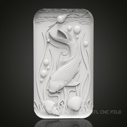 Serenity Stream - Koi Fish 3D CNC Engraved Wood Panel, Artcam Aspire STL Model for CNC Router, Peaceful Aquatic Art