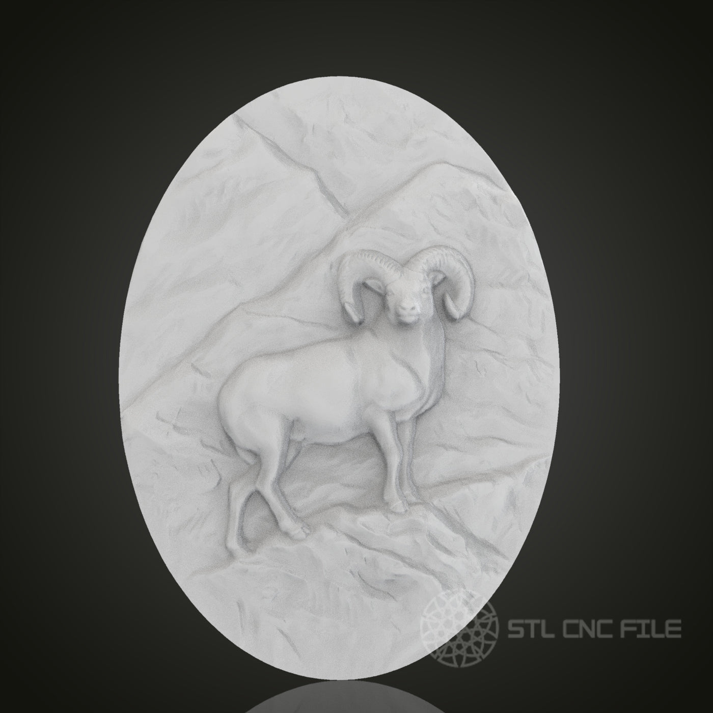 Mountain Ram Oval 3D Relief Art for CNC Router, Artcam, Aspire, Wall Decor, STL Model, Compatible with 3D Printers
