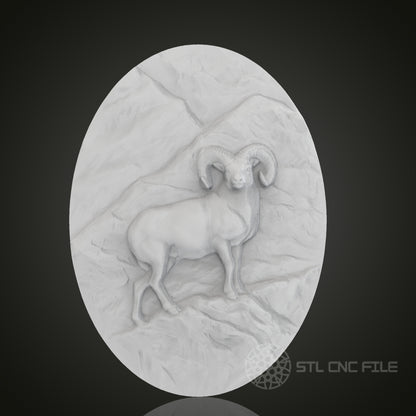 Mountain Ram Oval 3D Relief Art for CNC Router, Artcam, Aspire, Wall Decor, STL Model, Compatible with 3D Printers