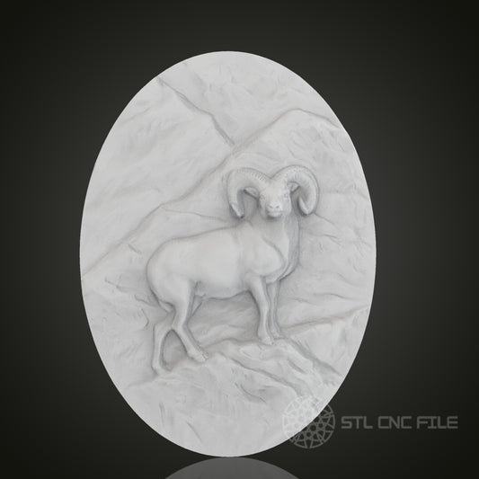 Mountain Ram Oval 3D Relief Art for CNC Router, Artcam, Aspire, Wall Decor, STL Model, Compatible with 3D Printers