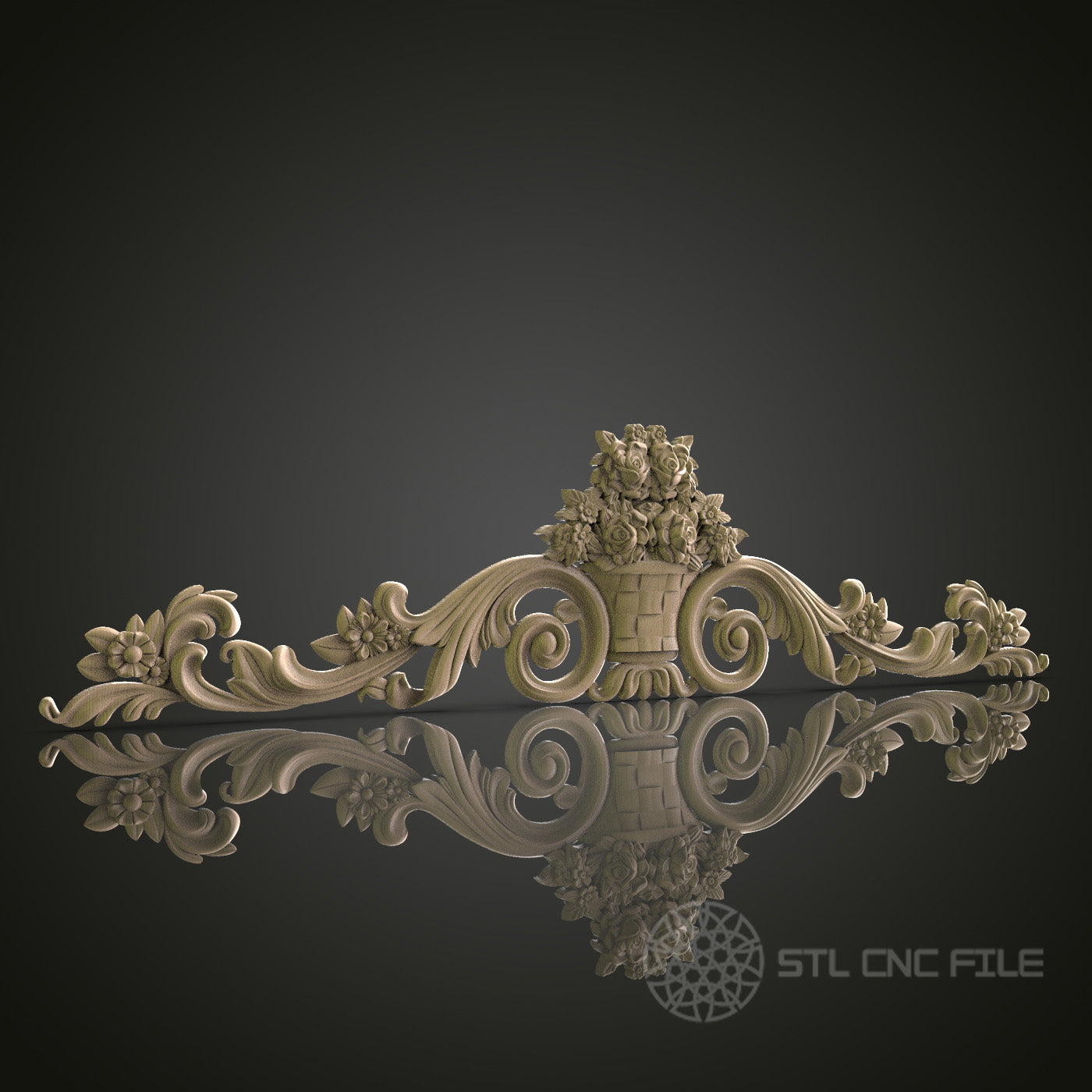 Ornate Floral Basket Pediment for CNC and 3D Printing - STL File