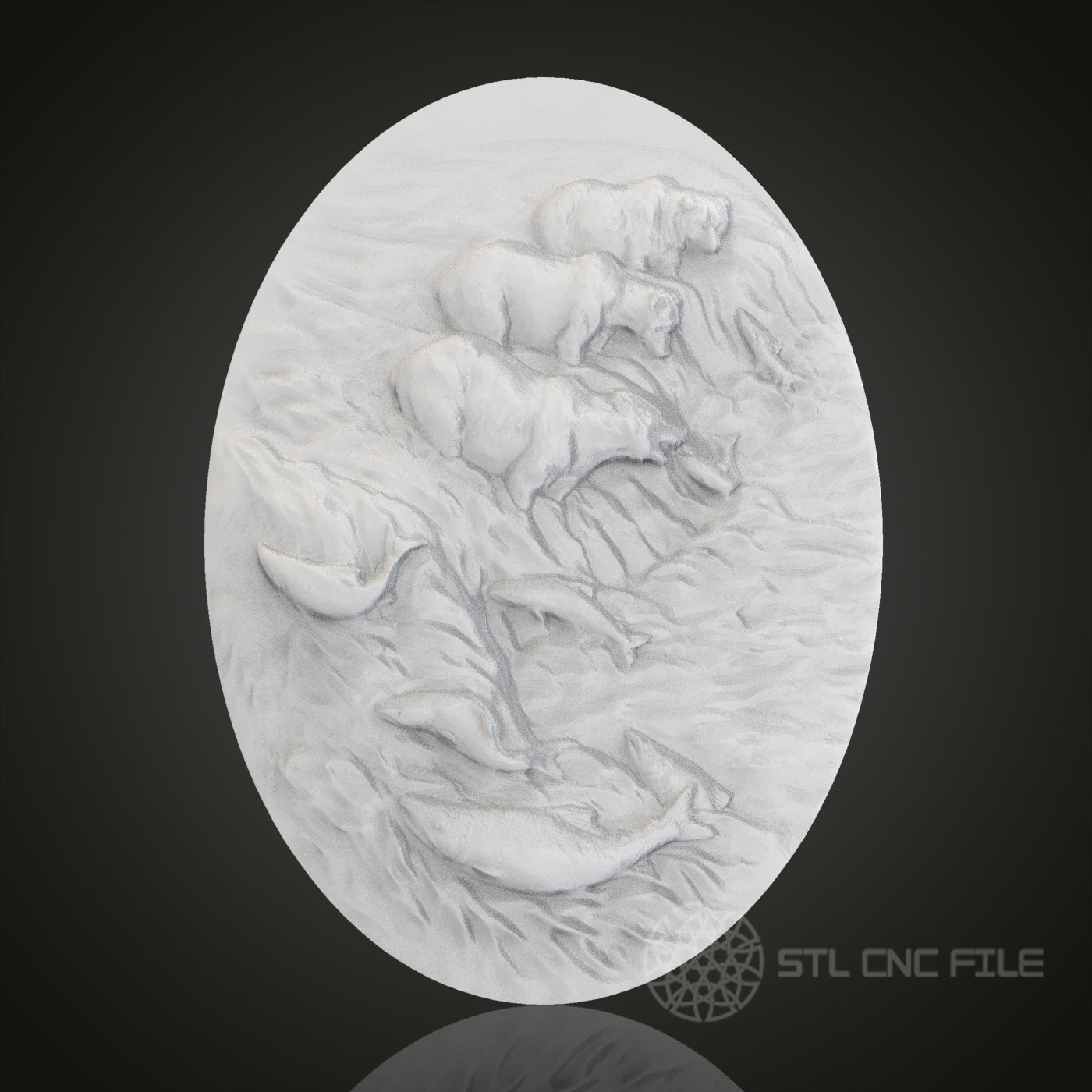 Bear Family and Salmon River Scene Oval 3D Relief Art for CNC Router, Artcam, Aspire, Wall Decor, STL Model, Compatible with 3D Printers
