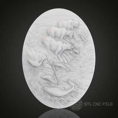 Bear Family and Salmon River Scene Oval 3D Relief Art for CNC Router, Artcam, Aspire, Wall Decor, STL Model, Compatible with 3D Printers