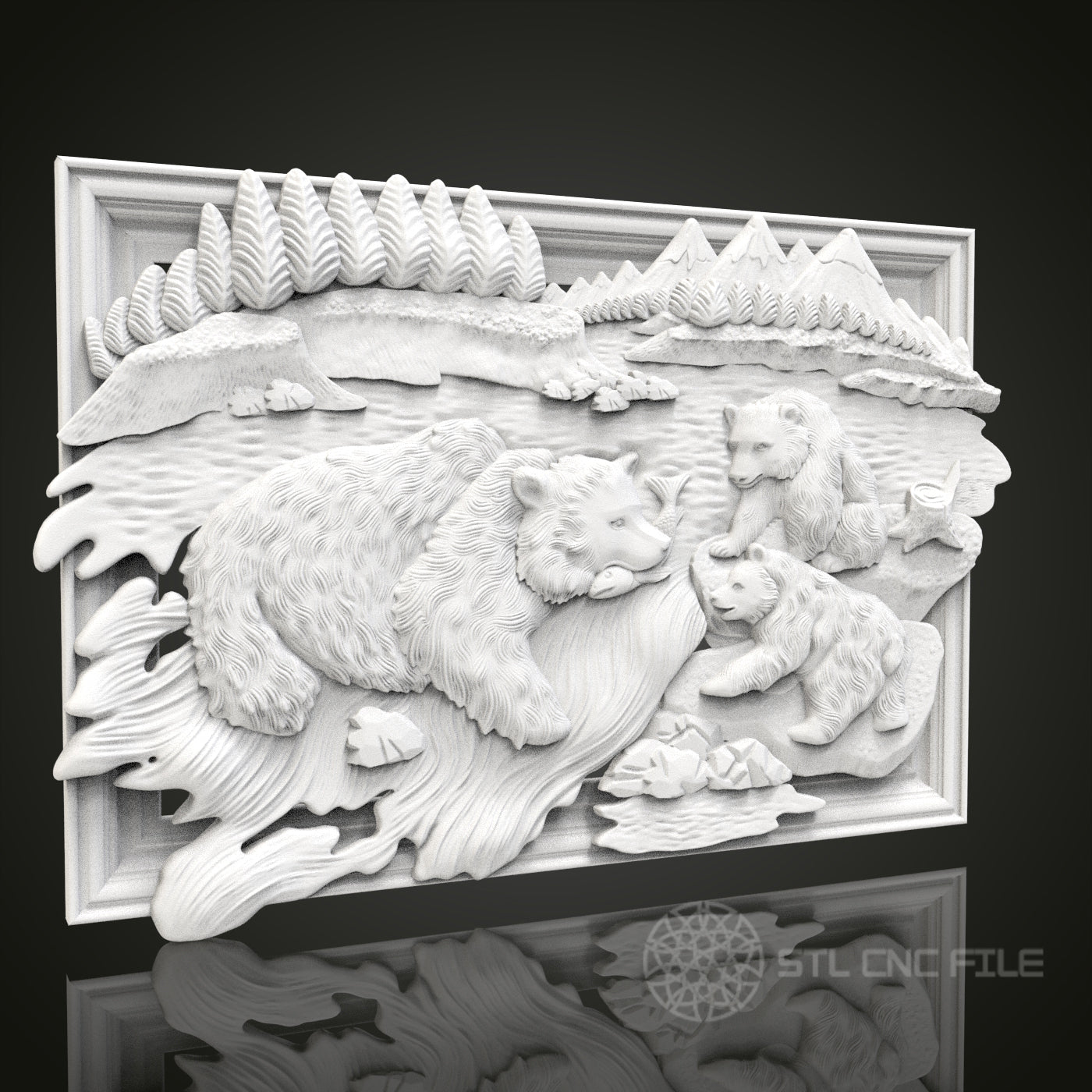 Bear Family - 3D CNC Engraved Wood Panel, Artcam Aspire STL Model for CNC Router, Wildlife Art