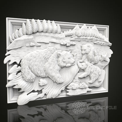 Bear Family - 3D CNC Engraved Wood Panel, Artcam Aspire STL Model for CNC Router, Wildlife Art
