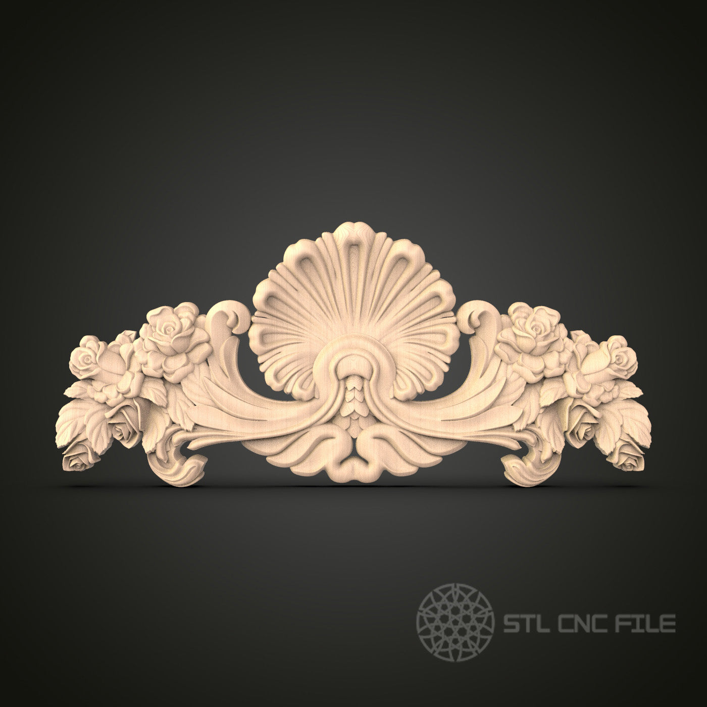 Rococo Style Floral Swag 3D Model STL File, Ornate Flower and Shell Motif for CNC Router – Compatible with Artcam, Aspire