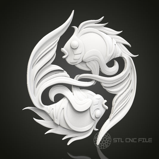 Eternal Flow - Intertwined Fish 3D CNC Engraved Wood Panel, Artcam Aspire STL Model for CNC Router, Dynamic Aquatic Art