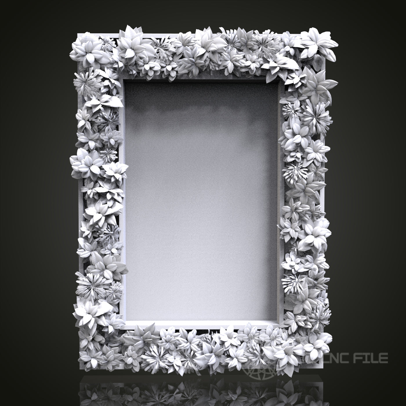 Floral Oasis - Dense Floral 3D CNC Engraved Wood Mirror Frame, Artcam Aspire STL Model for CNC Router, Luxurious Wall Mirror