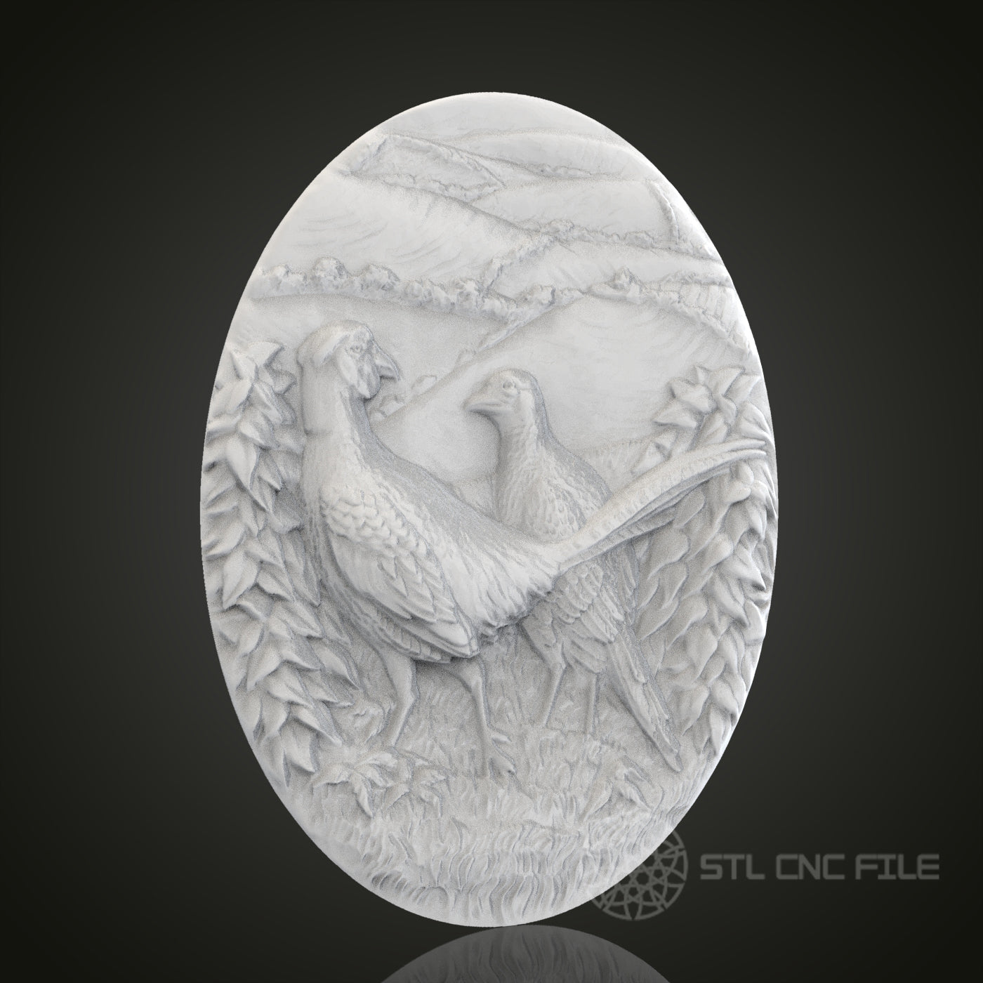 Pheasant Pair Oval 3D Relief Art for CNC Router, Artcam, Aspire, Wall Decor, STL Model, Compatible with 3D Printers  Description: