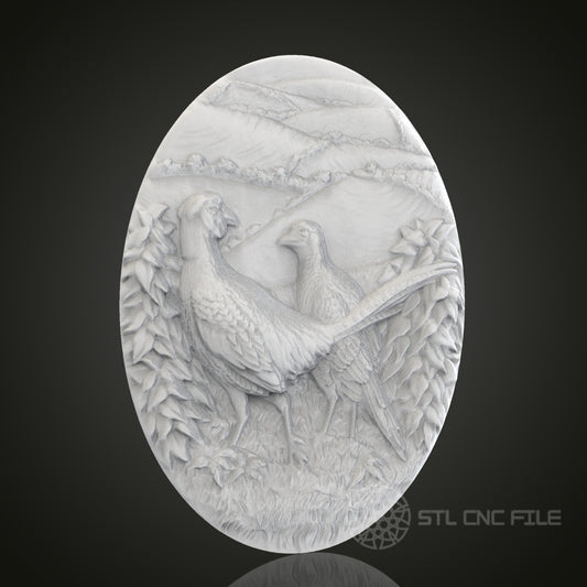 Pheasant Pair Oval 3D Relief Art for CNC Router, Artcam, Aspire, Wall Decor, STL Model, Compatible with 3D Printers  Description: