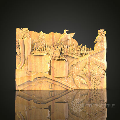 Cabin by the Lake - 3D CNC Engraved Wood Art, Nature Scene Wall Decor, Artcam Aspire STL Model for CNC Router, Home Cabin Decor