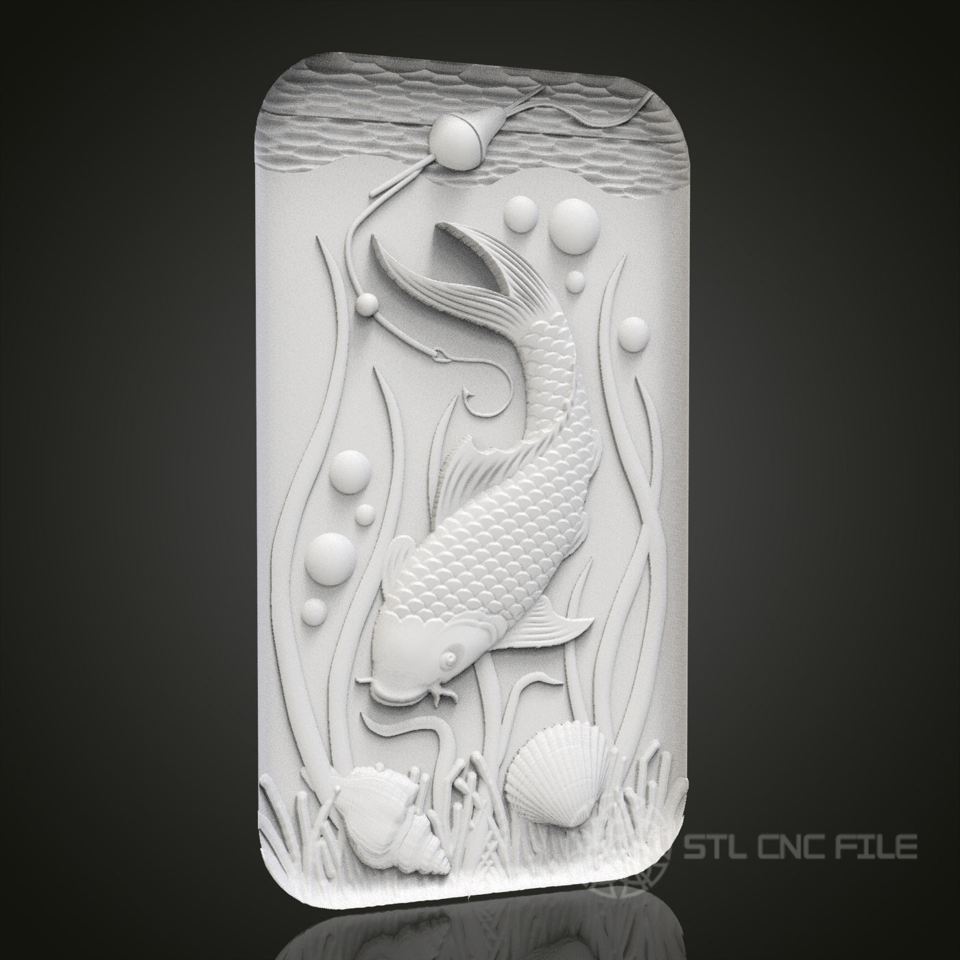 Serenity Stream - Koi Fish 3D CNC Engraved Wood Panel, Artcam Aspire STL Model for CNC Router, Peaceful Aquatic Art