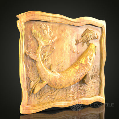 Framed Fish Scene 3D STL Model for CNC Router - Aquatic Relief Wood Carving, Digital Art File