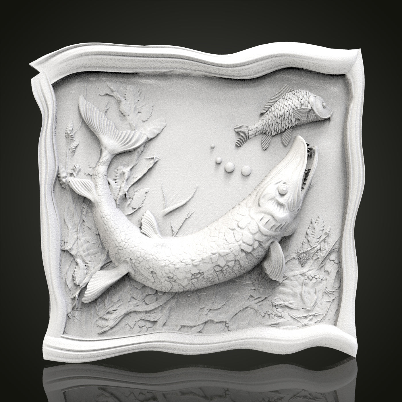 River Dance - Fish in River 3D CNC Engraved Wood Panel, Artcam Aspire STL Model for CNC Router, Peaceful Water Art