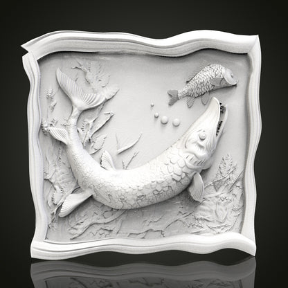 River Dance - Fish in River 3D CNC Engraved Wood Panel, Artcam Aspire STL Model for CNC Router, Peaceful Water Art