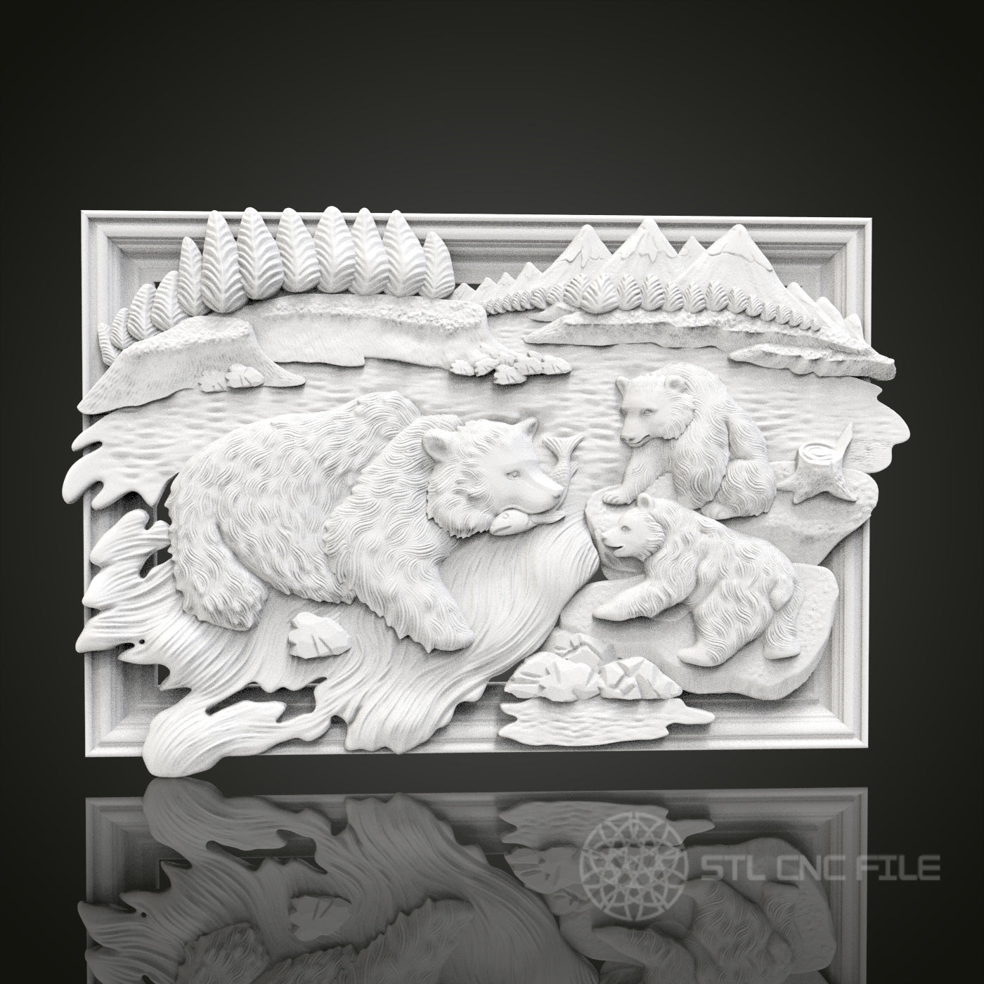 Bear Family - 3D CNC Engraved Wood Panel, Artcam Aspire STL Model for CNC Router, Wildlife Art
