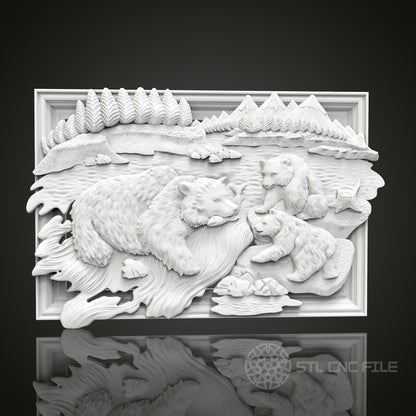Bear Family - 3D CNC Engraved Wood Panel, Artcam Aspire STL Model for CNC Router, Wildlife Art
