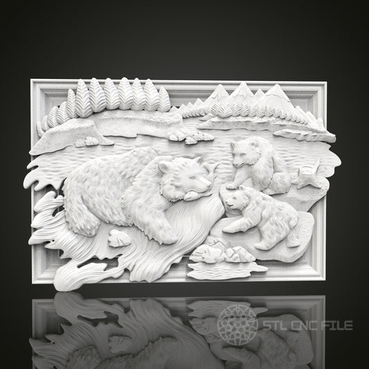 Bear Family - 3D CNC Engraved Wood Panel, Artcam Aspire STL Model for CNC Router, Wildlife Art