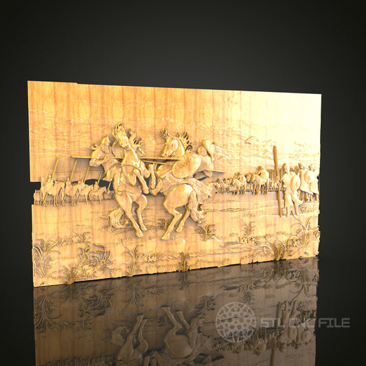 Classical Hunting Scene Relief STL Model for CNC Router - Artcam, Aspire Compatible, Detailed Wood Carving