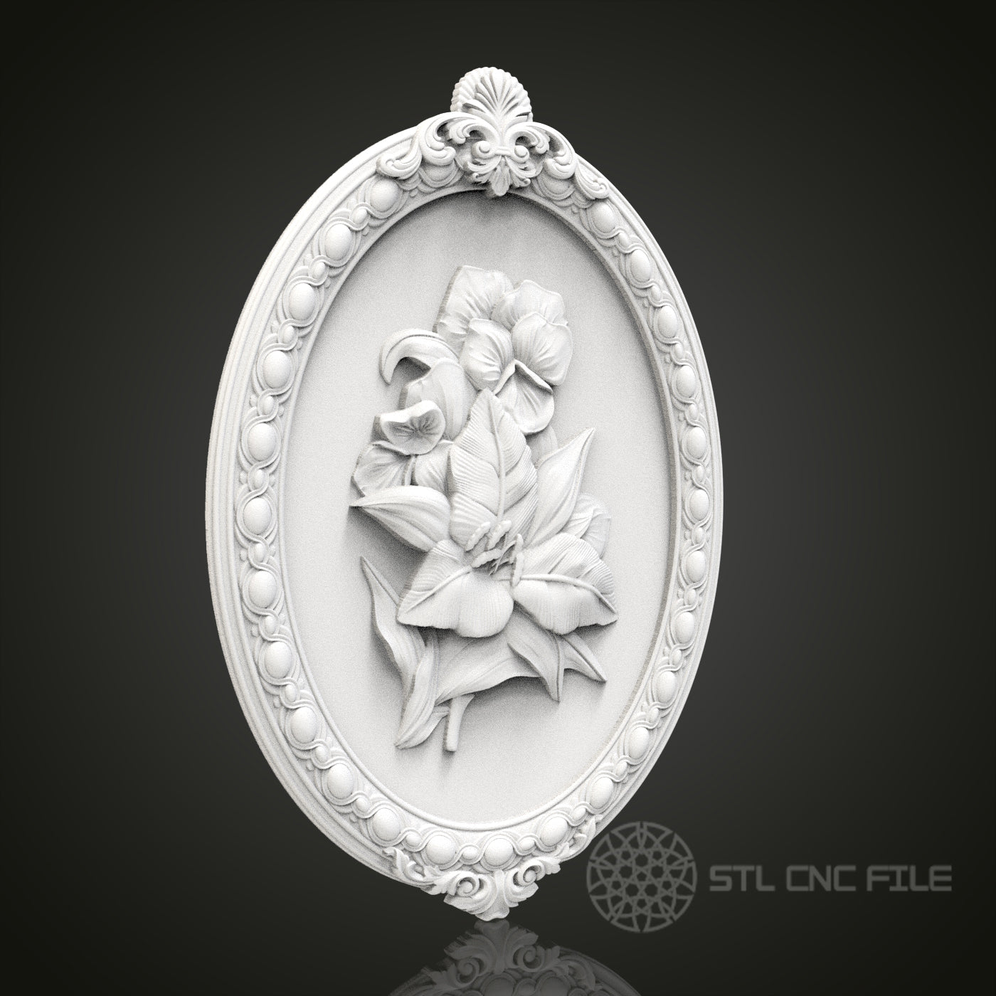 Floral Elegance - Ornate Oval 3D CNC Engraved Wood Panel, Artcam Aspire STL Model for CNC Router, Botanical Wall Art