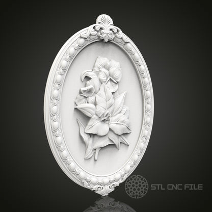 Floral Elegance - Ornate Oval 3D CNC Engraved Wood Panel, Artcam Aspire STL Model for CNC Router, Botanical Wall Art
