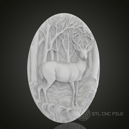 Forest Deer Oval 3D Relief Art for CNC Router, Artcam, Aspire, Wall Decor, STL Model, Compatible with 3D Printers