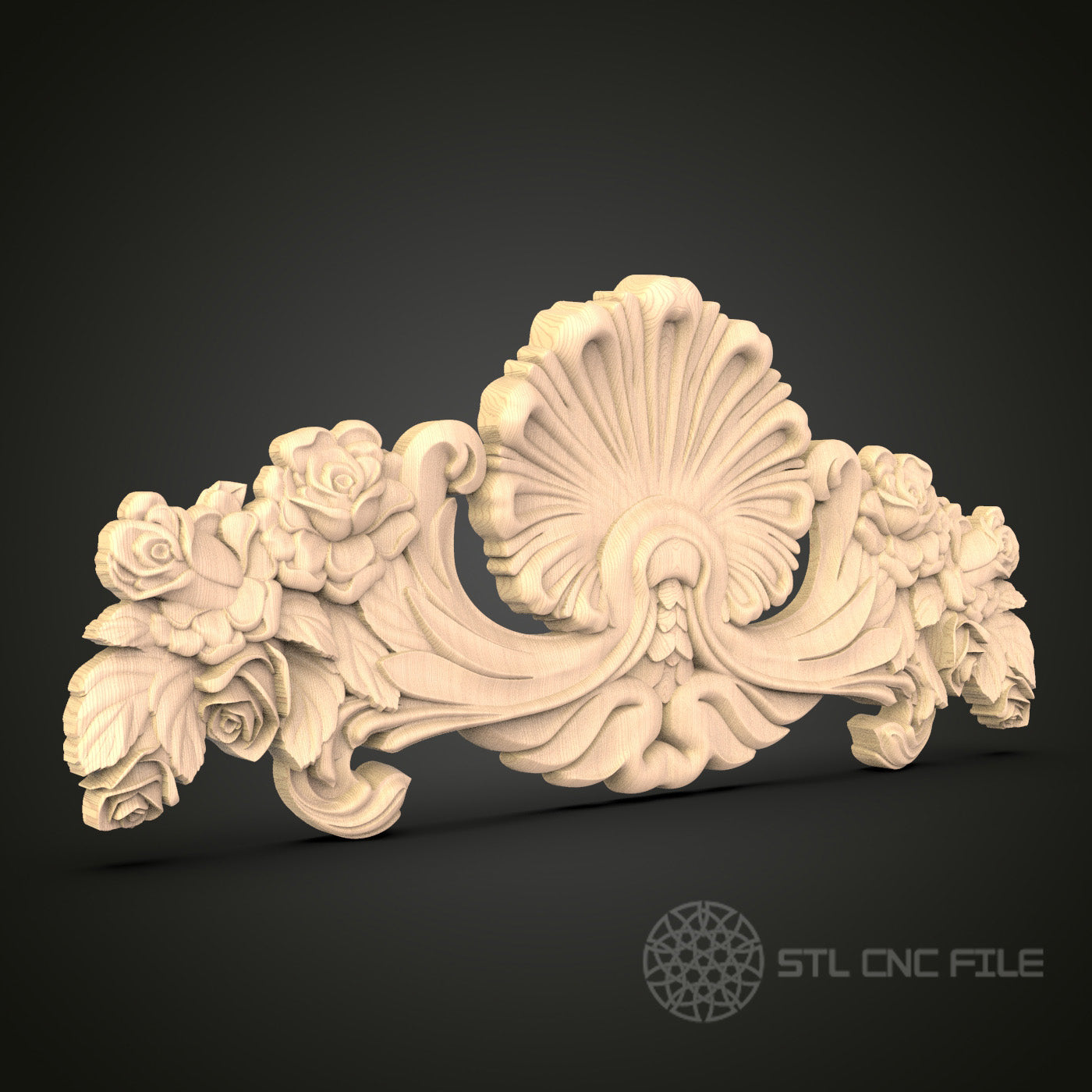 Rococo Style Floral Swag 3D Model STL File, Ornate Flower and Shell Motif for CNC Router – Compatible with Artcam, Aspire