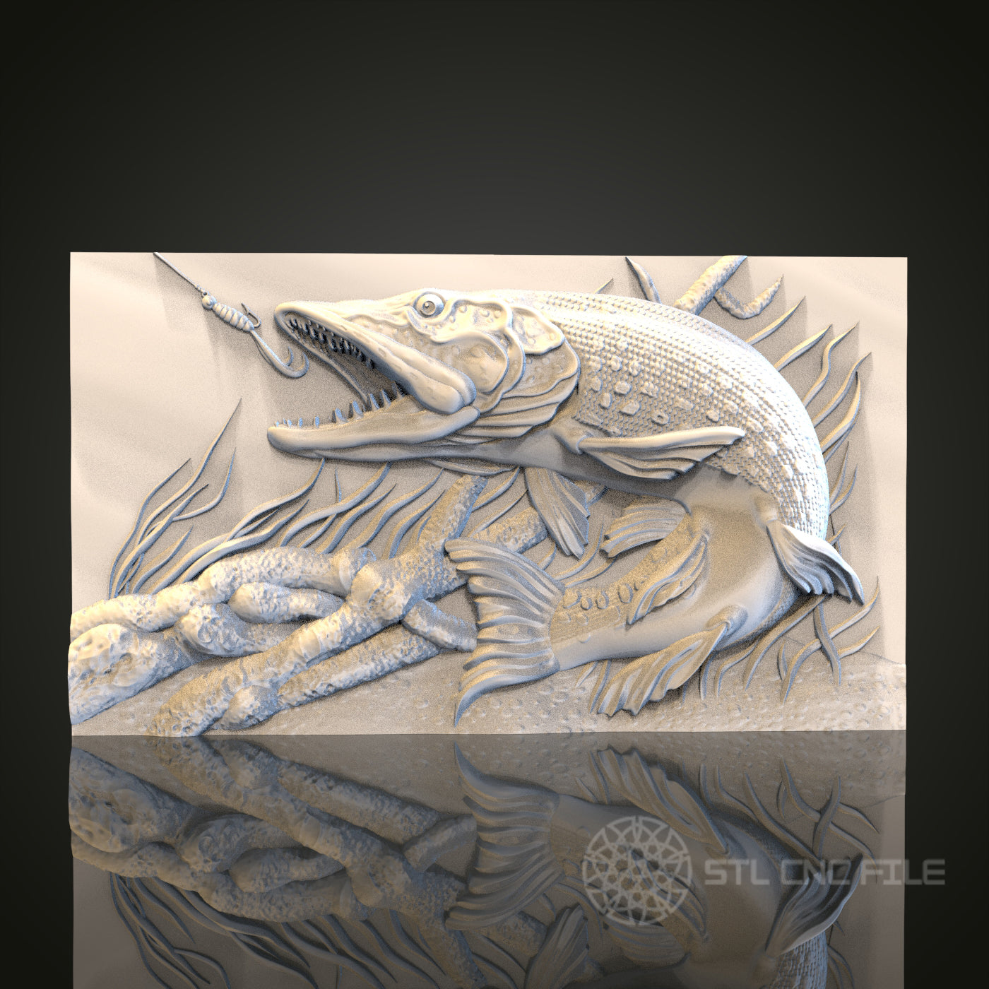 Dynamic Fish and Lure Relief STL Model for CNC and 3D Printing, Artcam, Aspire, Wall Decor