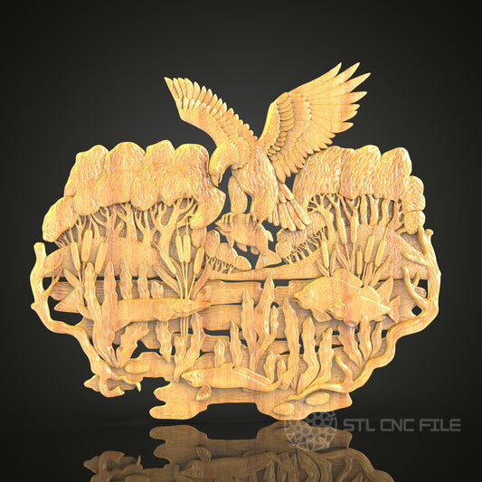 Wildlife Scene STL Model for CNC Router - Eagle & Forest Animals, Artcam, Aspire Compatible, Nature Wall Art