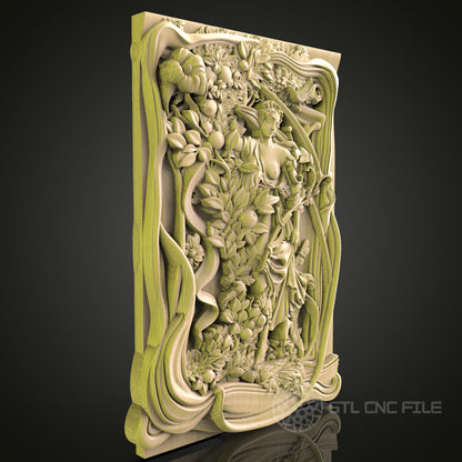 Baroque Garden Scene 3D Model STL File for CNC Router, Artistic Panel with Figurative and Floral Elements – Compatible with Artcam, Aspire