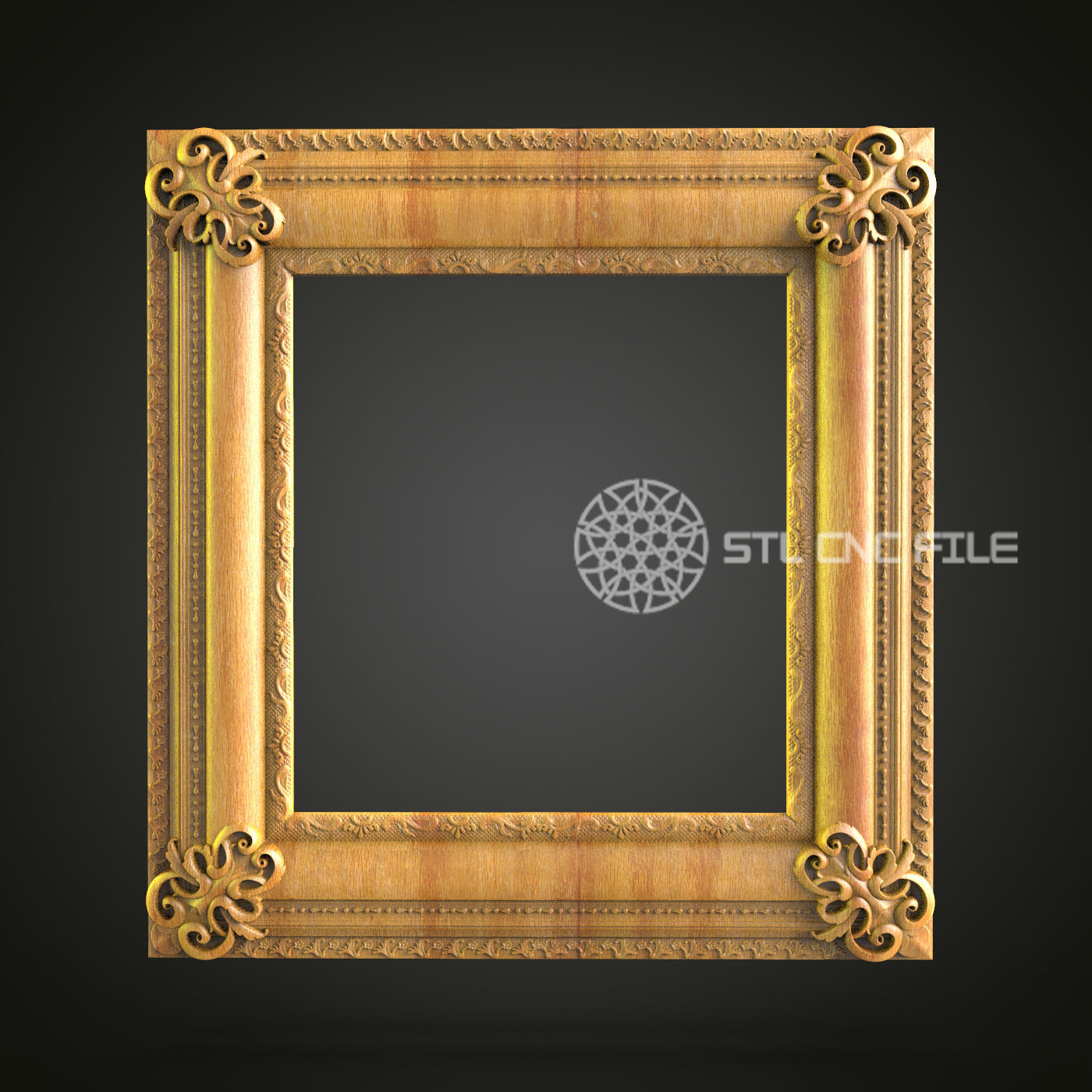 Elegant Square Mirror Frame STL Model with Ornamental Corners, CNC Router File